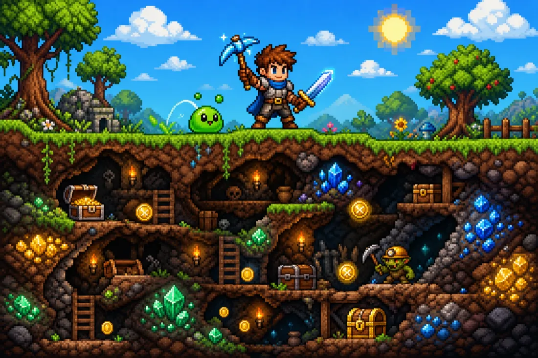 Pixel-art sandbox adventure scene with a hero mining glowing gems and collecting XP underground